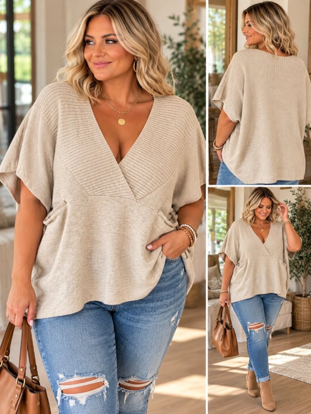 Heyson Beige V-Neck Short Sleeve Sweater